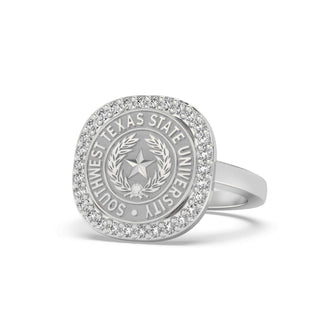Southwest Texas State University Class Ring in 14k Gold | San Jose Jewelers SWT Graduation Ring With Diamonds
