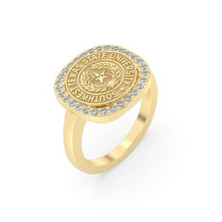 Southwest Texas State University Class Ring in 14k Gold | San Jose Jewelers SWT Graduation Ring With Diamonds