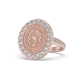 Southwest Texas State University Class Ring in 14k Gold | San Jose Jewelers SWT Graduation Ring With Diamonds