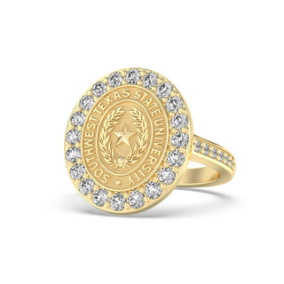 Southwest Texas State University Class Ring in 14k Gold | San Jose Jewelers SWT Graduation Ring With Diamonds