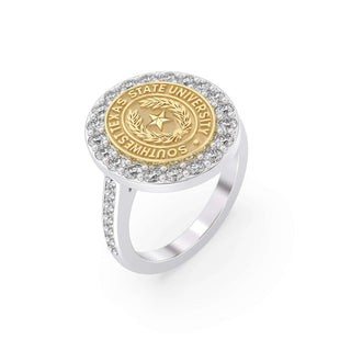 Southwest Texas State University Class Ring in 14k Gold | San Jose Jewelers SWT Graduation Ring With Diamonds