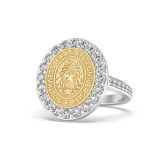 Southwest Texas State University Class Ring in 14k Gold | San Jose Jewelers SWT Graduation Ring With Diamonds