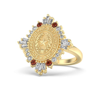 Southwest Texas State University Class Ring in 14k Gold | San Jose Jewelers SWT Graduation Ring With Diamonds