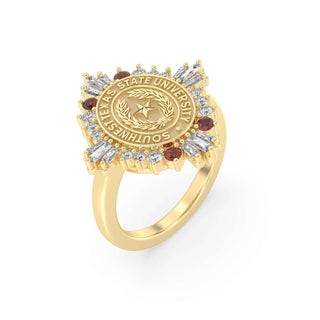 Southwest Texas State University Class Ring in 14k Gold | San Jose Jewelers SWT Graduation Ring With Diamonds