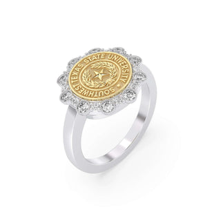 Southwest Texas State University Class Ring in 14k Gold | San Jose Jewelers SWT Graduation Ring With Diamonds