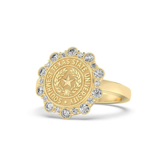 Southwest Texas State University Class Ring in 14k Gold | San Jose Jewelers SWT Graduation Ring With Diamonds