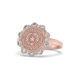 Southwest Texas State University Class Ring in 14k Gold | San Jose Jewelers SWT Graduation Ring With Diamonds