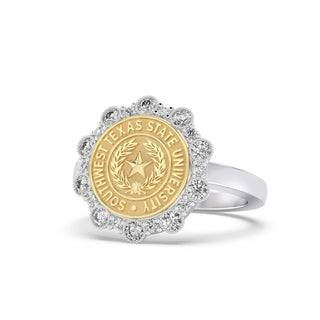 Southwest Texas State University Class Ring in 14k Gold | San Jose Jewelers SWT Graduation Ring With Diamonds