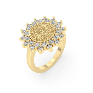 Southwest Texas State University Class Ring in 14k Gold | San Jose Jewelers SWT Graduation Ring With Diamonds