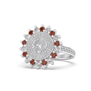 Southwest Texas State University Class Ring in 14k Gold | San Jose Jewelers SWT Graduation Ring With Diamonds