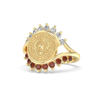 Southwest Texas State University Class Ring in 14k Gold | San Jose Jewelers SWT Graduation Ring With Diamonds