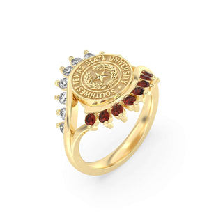 Southwest Texas State University Class Ring in 14k Gold | San Jose Jewelers SWT Graduation Ring With Diamonds