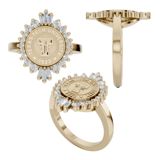 Gold class ring with Texas Tech University emblem and diamonds on a white background