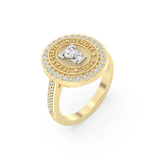 Yellow Gold graduation class ring with Texas State University emblem and white stones on a white background