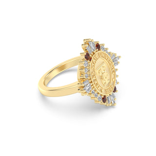Yellow Gold ring with Texas State University emblem with maroon and white gemstones on a white background