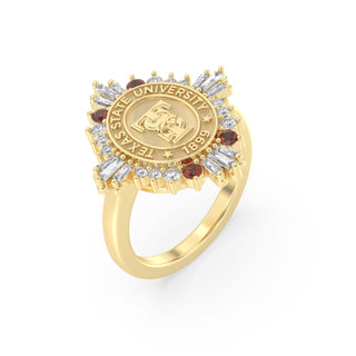 Yellow Gold ring with Texas State University emblem with maroon and white gemstones on a white background