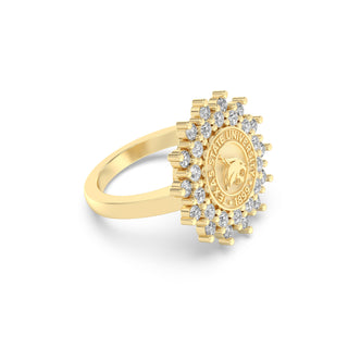 Yellow Gold graduation class ring with Texas State University emblem and stone accents on a white background