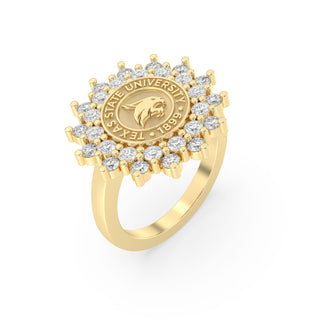 Yellow Gold graduation class ring with Texas State University emblem and stone accents on a white background