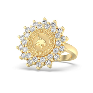 Texas State University Class Ring | Gold ring with Texas State University emblem and diamond accents on a white background