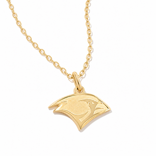 A gold pendant necklace featuring a stylized bird head logo, suspended from a delicate gold chain against a plain white background.
