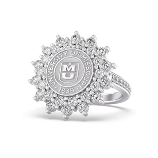 175 Success Mizzou Class Rings | Silver ring with University of Missouri emblem and diamonds on a white background