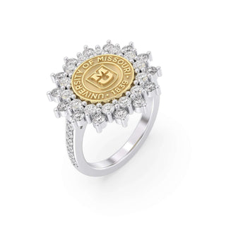 177 Success Mizzou Class Rings | Ring with gold 'University of Missouri' emblem and diamond accents on a white background