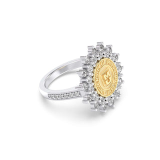 177 Success Mizzou Class Rings | Elegant ring with a gold emblem and diamond accents on a white background