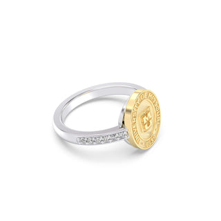 228 Vida Mizzou Class Ring | Two rings, one gold and one silver, on a white background