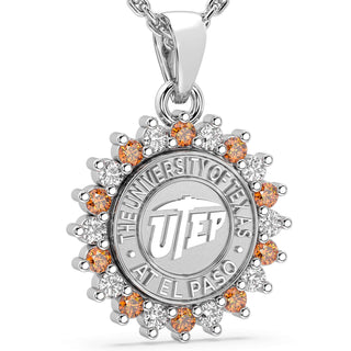 245 Prestige UTEP Necklace | University Of Texas El Paso featuring a halo of 20 sparkling stones around the pendant.
