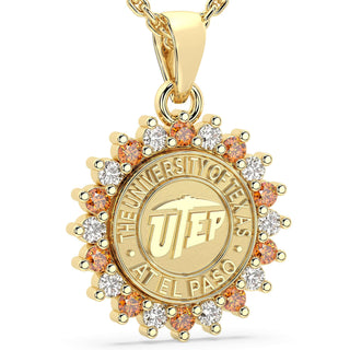 245 Prestige UTEP Necklace | University Of Texas El Paso with halo of stones and UTEP seal.