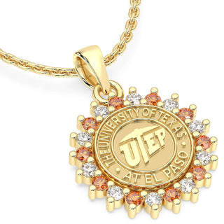 245 Prestige UTEP Necklace | University Of Texas El Paso featuring gold design and halo of colorful stones.