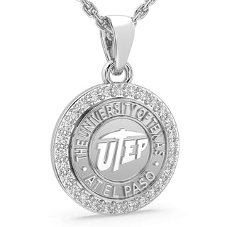 249 Eternity UTEP Necklace | University Of Texas El Paso featuring a halo of stones around the seal, showcasing luxury and elegance.