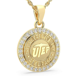 249 Eternity UTEP Necklace | University Of Texas El Paso featuring gold pendant and halo of stones.