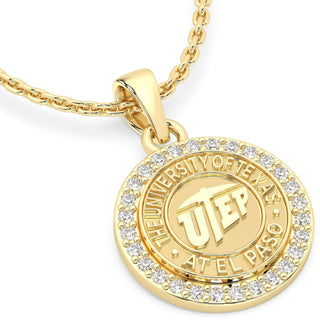 249 Eternity UTEP Necklace | University Of Texas El Paso with halo of stones and gold finish.