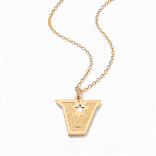 A gold pendant necklace featuring a textured, shield-like geometric charm with a star cutout, suspended from a delicate gold chain on a clean white background.