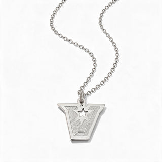 A silver pendant necklace featuring a stylized letter 'W' with a star cutout, suspended from a delicate silver chain on a white background.