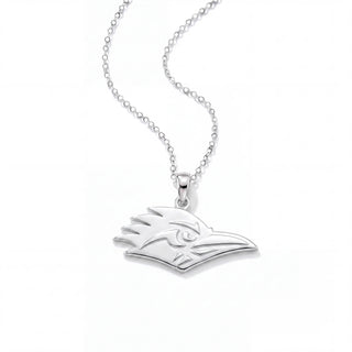 A silver bird head pendant necklace on a delicate silver chain, shown against a plain white background.