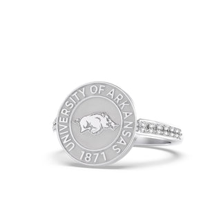 University of Arkansas Class Ring w white gold seal | San Jose Jewelers custom graduation rings | Platinum Silver ring with diamonds on the band