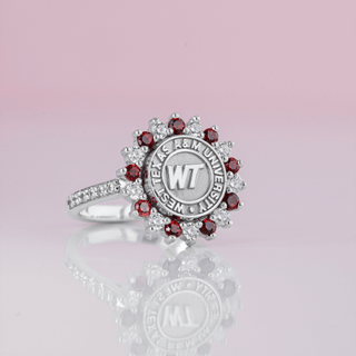 WHITE GOLD WEST TEXAS A&M UNIVERSITY GRADUATION CLASS RING WITH RED AND WHITE STONES ON TOP