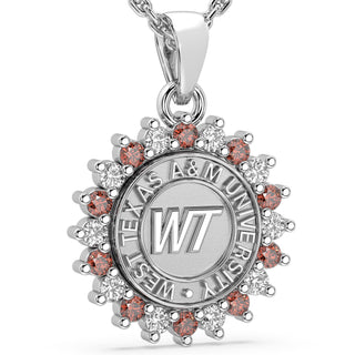 West Texas A&M Necklace | Custom WTAMU Pendant | Silver pendant with 'WT' initials and pink gemstones on a white background