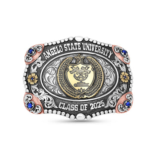 Decorative belt buckle with 'Angelo State University Class of 2025' text on a white background