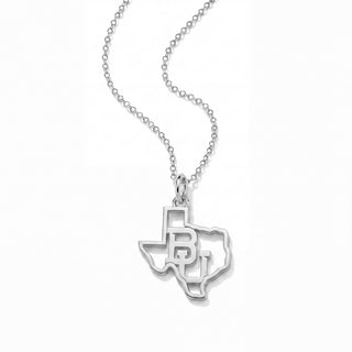 A gold necklace featuring a pendant shaped like the state of Texas, with the letters 'B' and 'J' integrated into the design, suspended from a delicate gold chain on a white background.