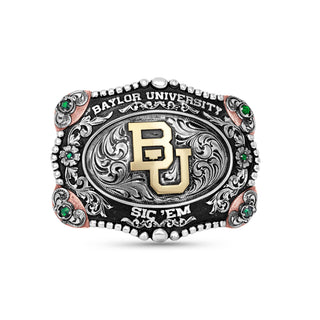 Baylor University belt buckle with 'BU' logo on a white background