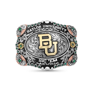 Baylor University belt buckle with decorative elements on a white background