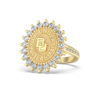 Gold ring with Baylor University BU SEAL and diamonds on a white background