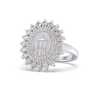 Furman University Class Ring | Silver ring with Furman University emblem and diamond accents on a white background