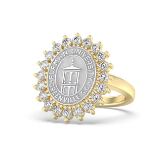 Furman University Class Ring | Gold ring with diamond accents featuring Furman University logo on a white background