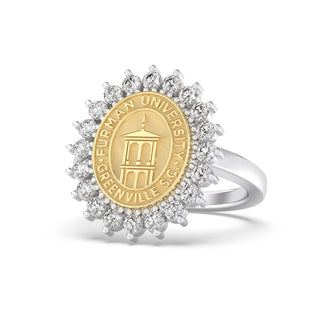 Furman University Class Ring | Gold ring with Furman University logo and diamond accents on a white background