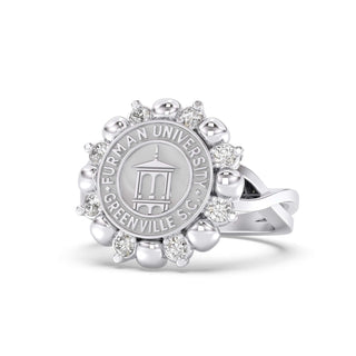 Furman University Class Ring | Silver ring with Furman University Seal front view
