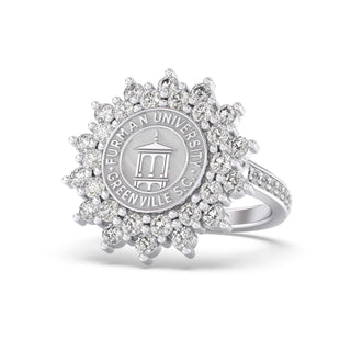 Furman University Class Ring | Silver ring with Furman University emblem on a white background